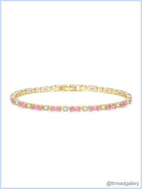 Gold Plated Brass Tennis Bracelet Cubic Zirconia 7.48" Adjustable